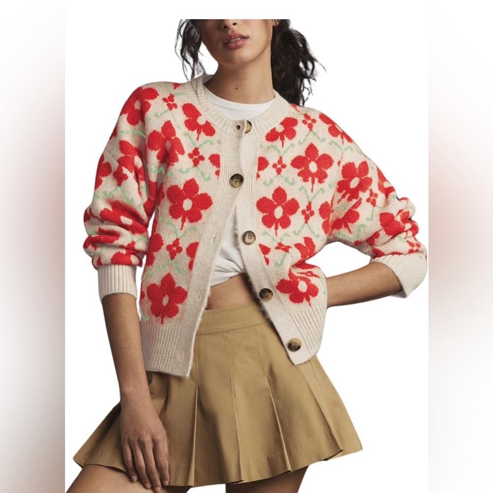 Chic Floral Women's Cardigan - Red and Cream
